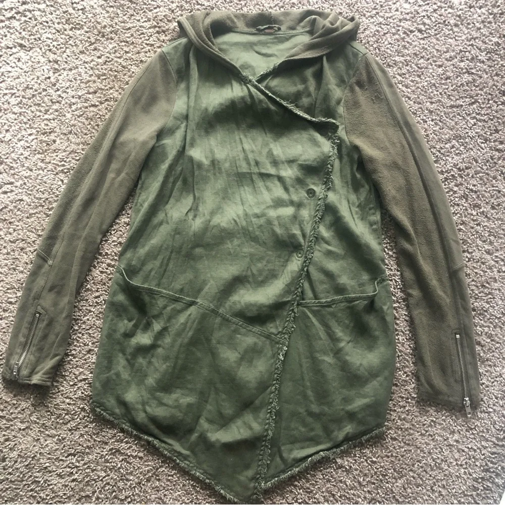 Free People Asymmetrical Snap Button Hoodie Olive Green Linen Blend S Top - Picture 3 of 10